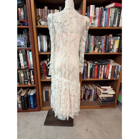 Vintage 80s does 20s Patra 14 Pink Midi Dress with White Lace Overlay - Picture 2 of 8